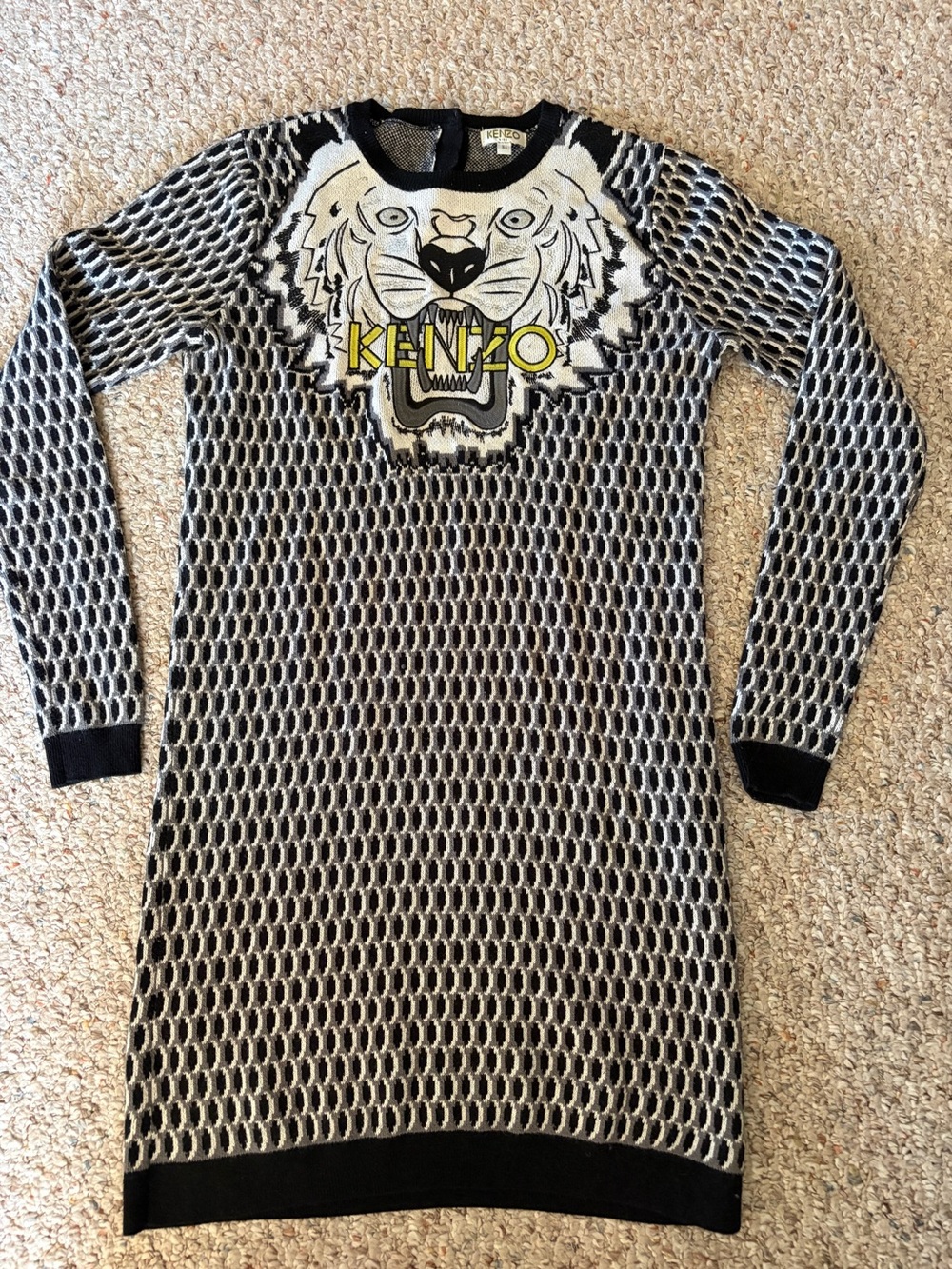 Kenzo Kids tiger sweater dress black white knit women XS kids size 16a metallic
